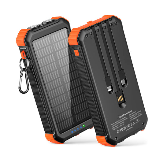 45800mAh Solar Power Bank with built-in 3 cables, USB-C, 5V3.1A QC 3.0 fast charging, compatible with iPhone, Samsung, Google, and more.