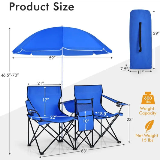 Double Camping Chairs with Umbrella & Cooler – Perfect for Football & Baseball Games
