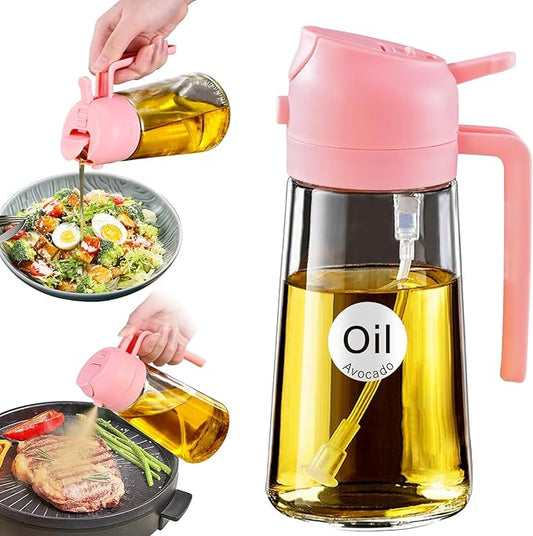 16oz/470ml Oil Sprayer for Cooking with Stickers, Food-grade Premium 2 in 1 Olive Oil Dispenser Bottle for Kitchen Gadgets, Air Fryer, Salad, Frying, BBQ (Pink)